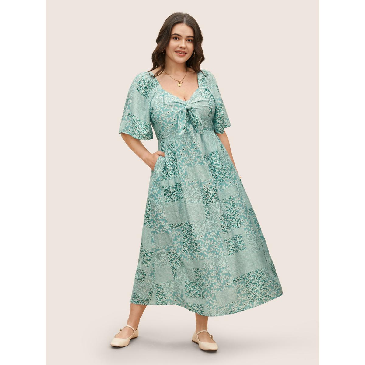 Plus Size Ditsy Floral Tie Knot Flutter Sleeve Dress Mint Women Elegant Tie knot Heart neckline Short sleeve Curvy BloomChic 22-24/3X Product Image