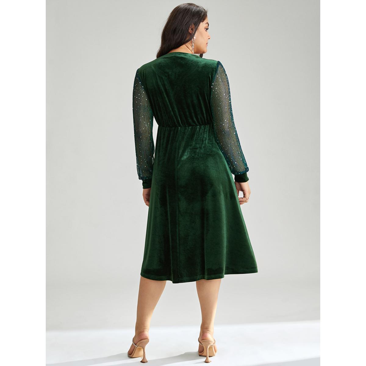 Plus Size Velvet Sequin Patchwork Elastic Waist Notched Dress DarkGreen Women Glamour Velvet Notched collar Long Sleeve Curvy Midi Dress BloomChic 10/M Product Image