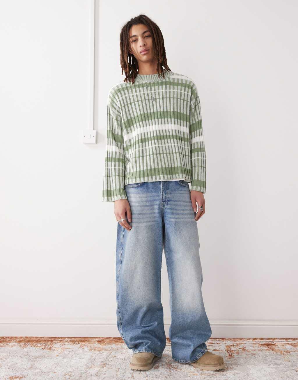 COLLUSION knit oversized sweater in green stripe Product Image