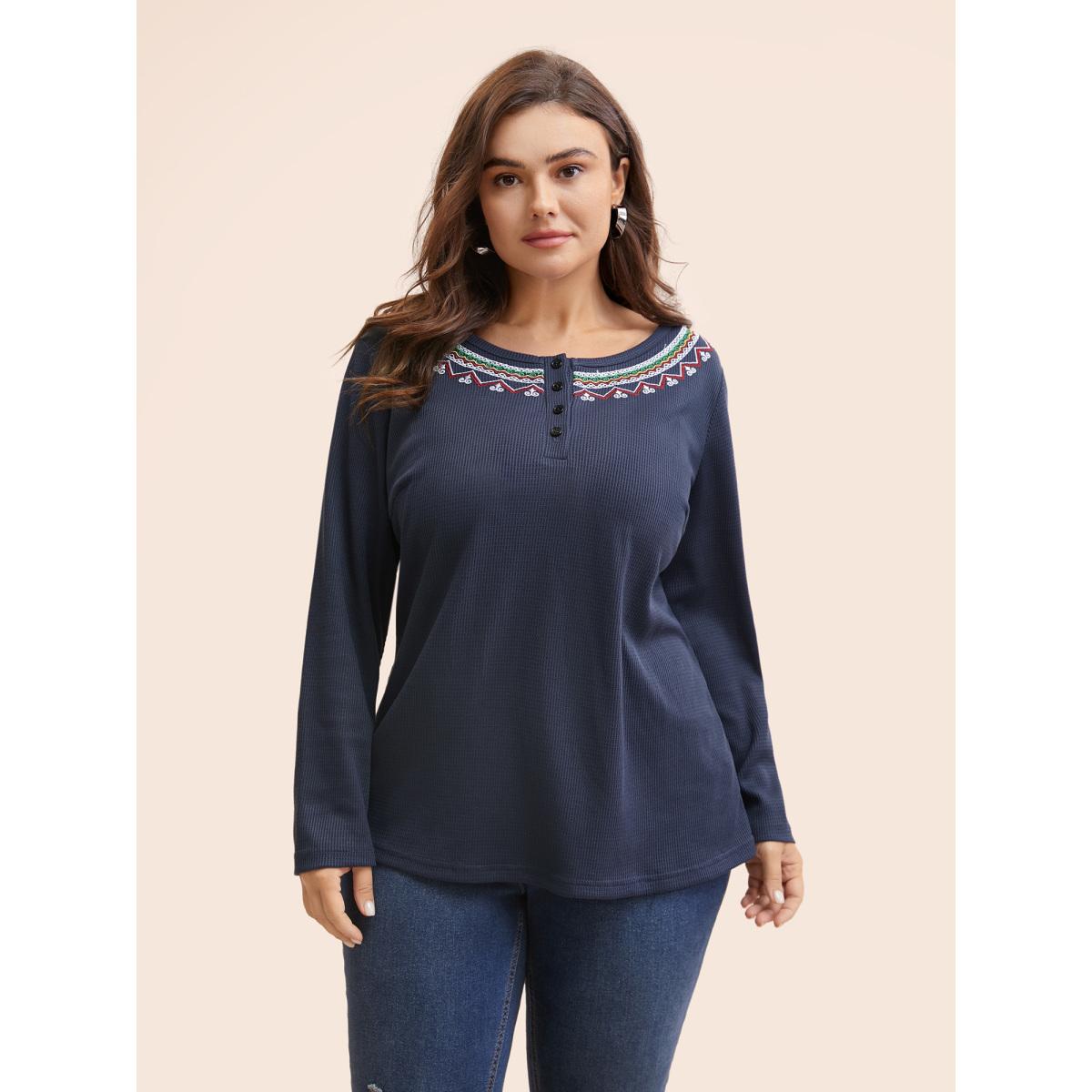 Plus Size Bandana Embroidered Button Up T-shirt Indigo Women Casual Embroidered Art&design Round Neck Everyday T-shirts BloomChic 12/L Product Image