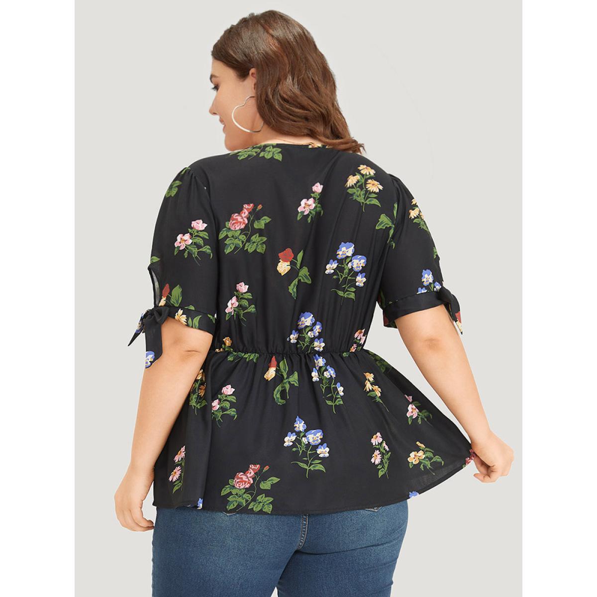 Plus Size Black Floral Print Knot Gathered Elastic Waist Blouse Women Elegant Short sleeve V-neck Dailywear Blouses BloomChic 10/M Product Image