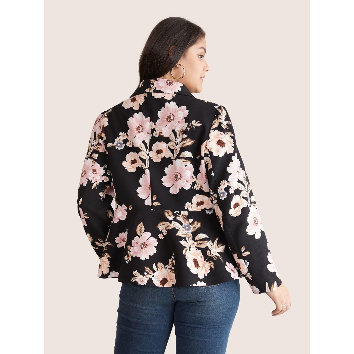 Plus Size Lapel Collar Floral Button Up Blazer BlackFlower Women Dailywear Floral Lined Sleeve Long Sleeve Lapel Collar 14-16/1X Elegant Blazers BloomChic Product Image