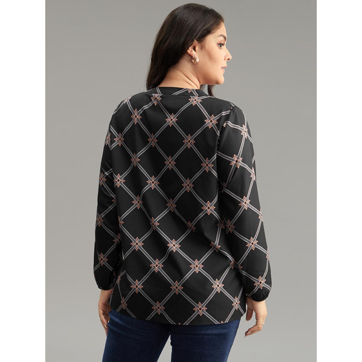 Plus Size BlackFlower Plaid Notched Elastic Cuffs Blouse Women Office Long Sleeve Notched collar Office Blouses BloomChic 18-20/2X Product Image