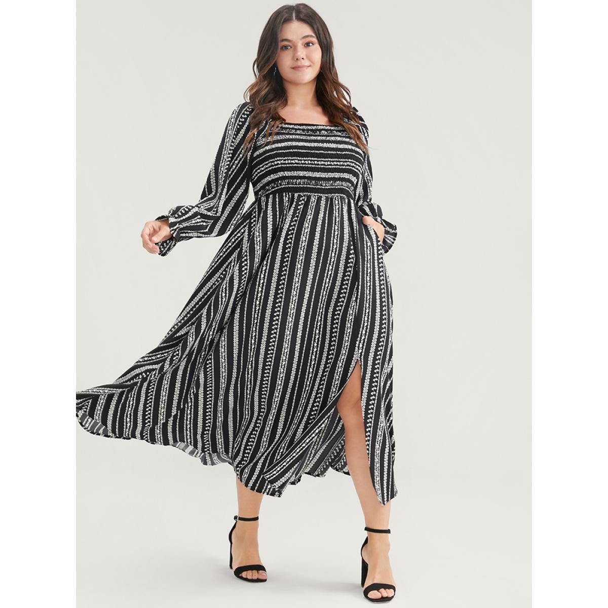 Plus Size Striped Square Neck Lantern Sleeve Pocket Shirred Split Dress Black Women Vacation Pocket Square Neck Long Sleeve Curvy Midi Dress BloomChic 26/4X Product Image