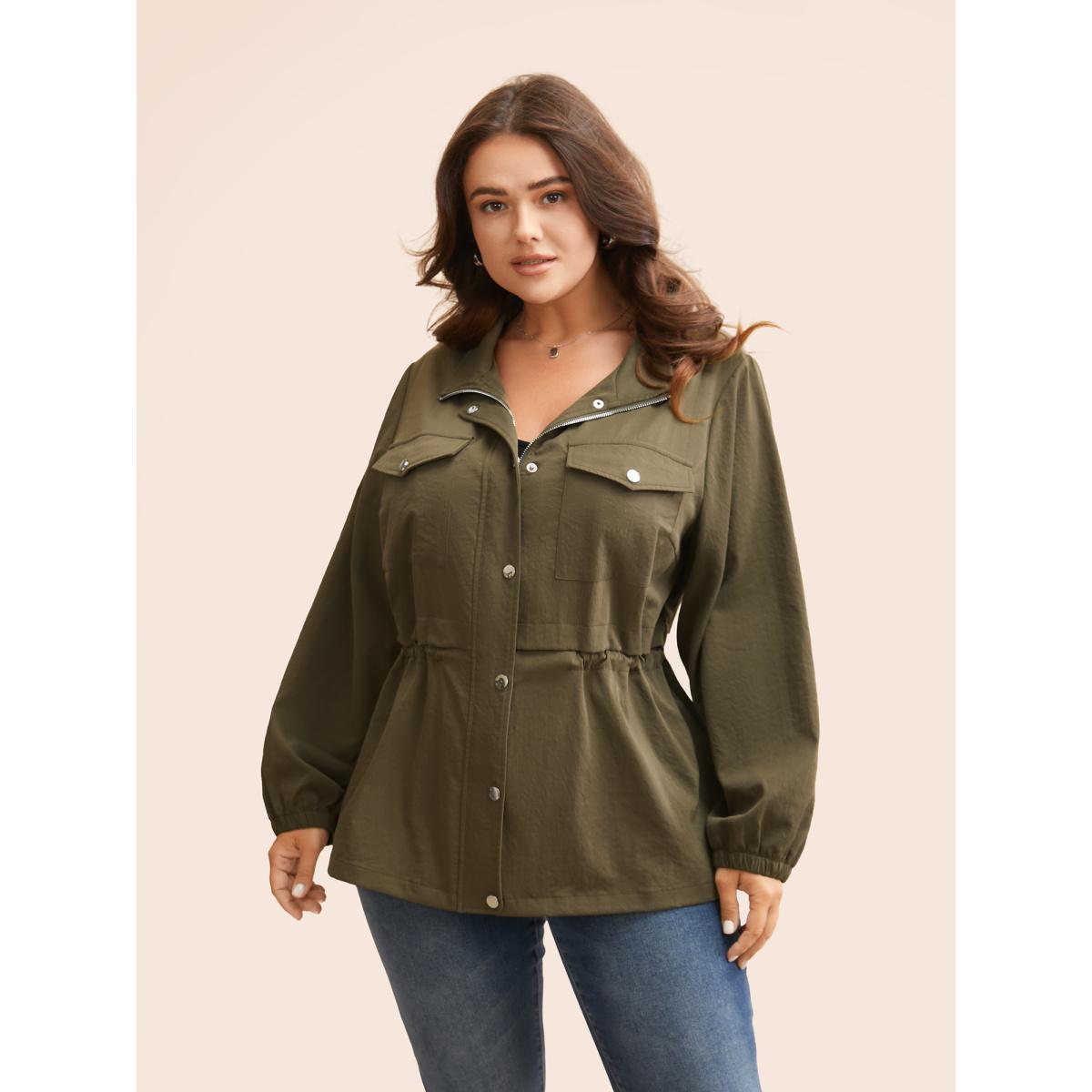 Plus Size Solid Flap Pocket Drawstring Jacket Women ArmyGreen Drawstring Side seam pocket Everyday Jackets BloomChic 26/4X Product Image