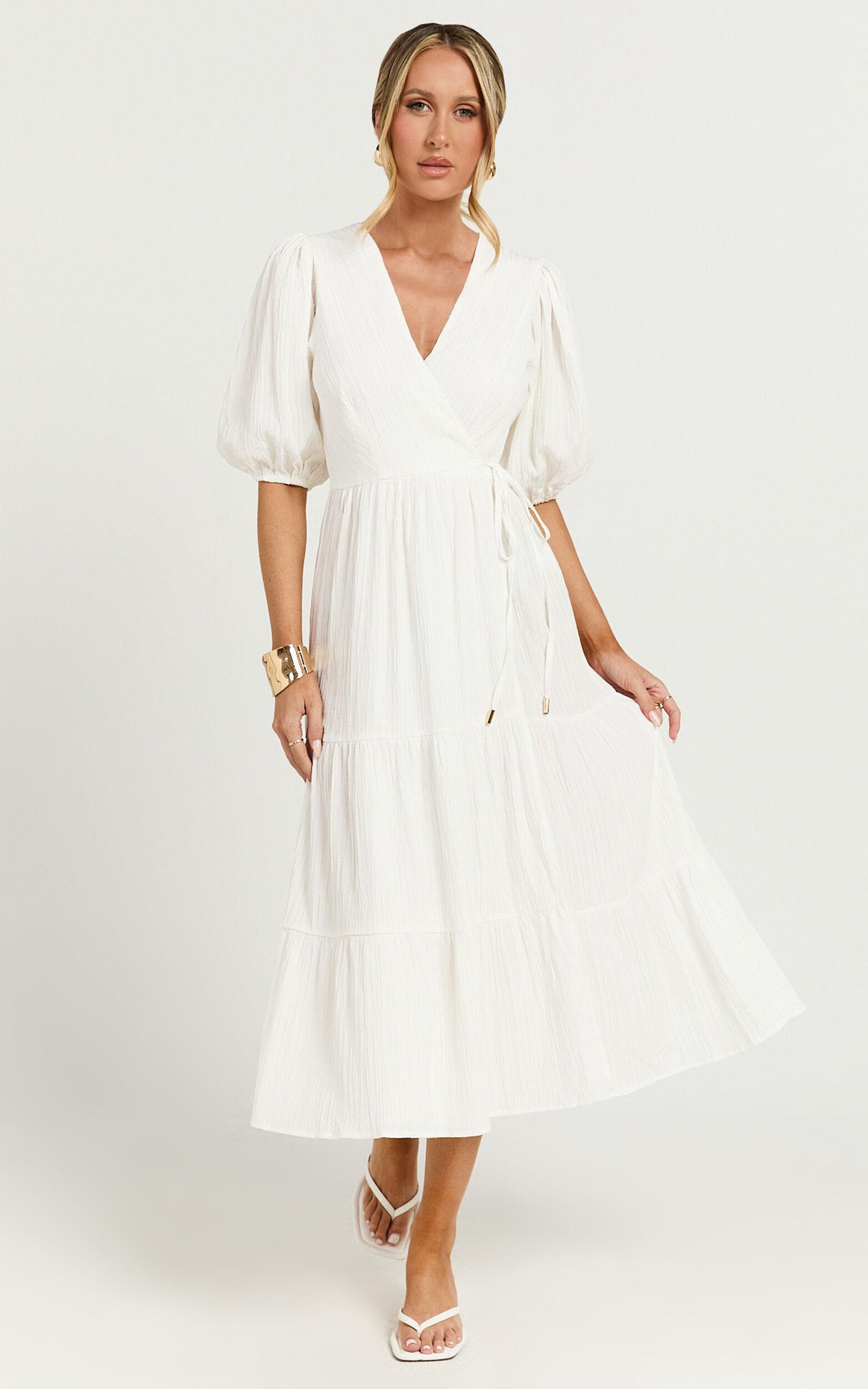 Junmae Midi Dress - Tiered Waffle Wrap Dress in Ivory Product Image