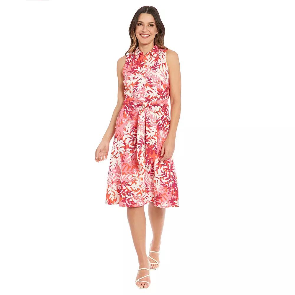 Women's London Times Hidden Placket Shirt Dress With Sash, Size: 6, Ivory Pink Leaf Product Image