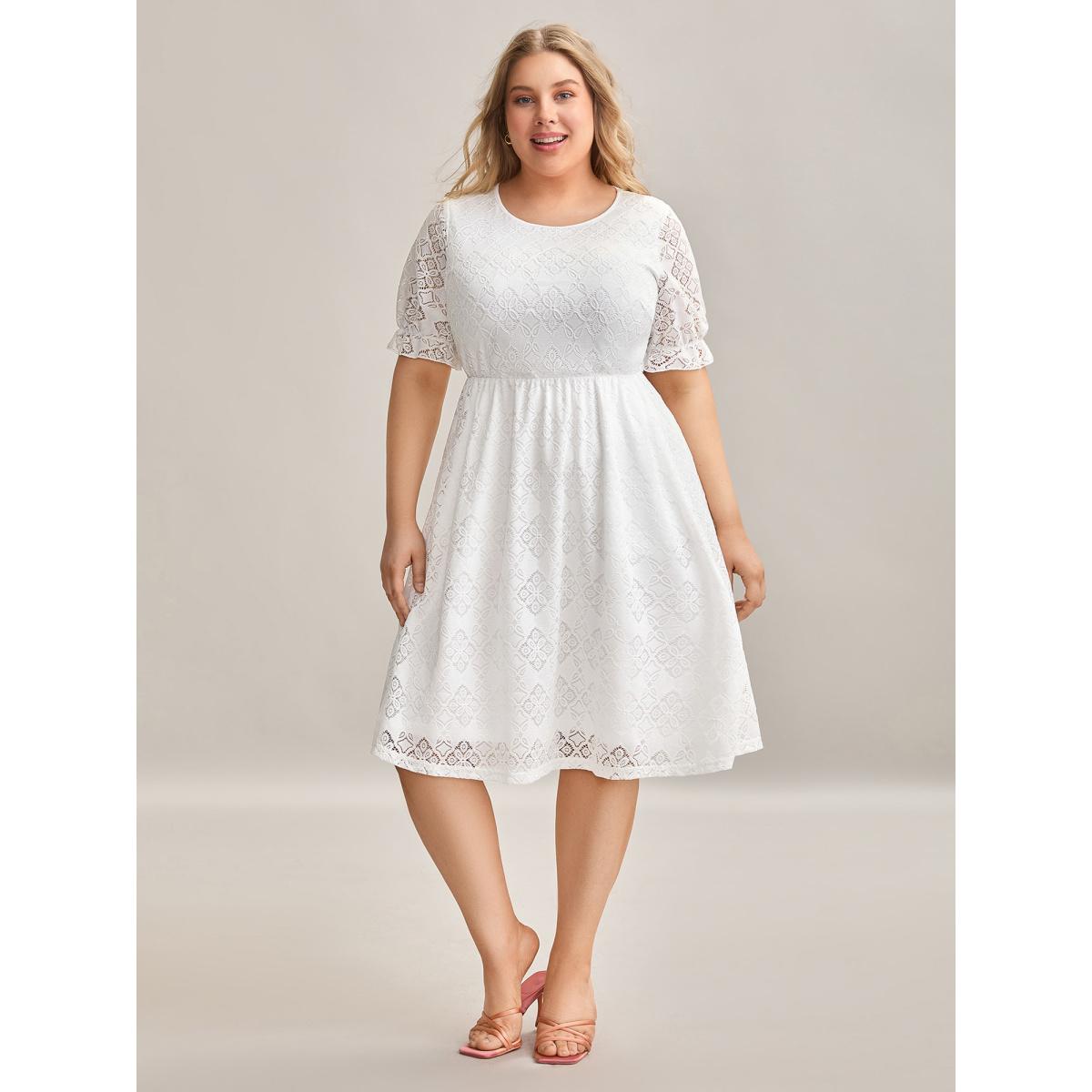 Plus Size Textured Ruffled Sleeve Pockets Midi Dress Ivory Women Elegant Texture Round Neck Short sleeve Curvy BloomChic 30/6X Product Image