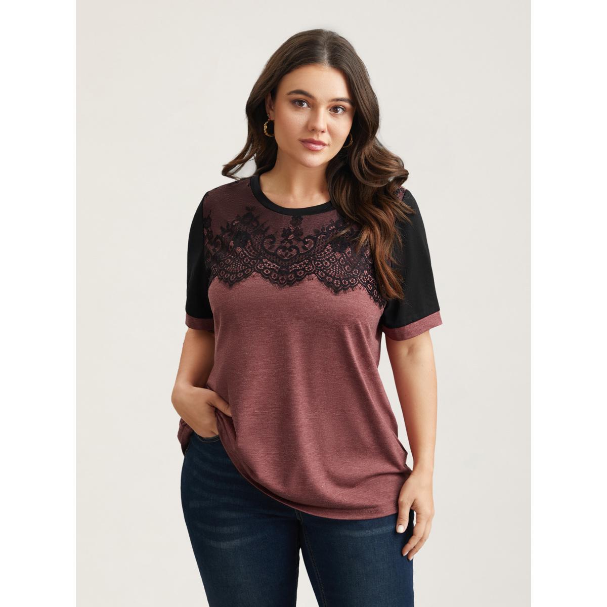 Plus Size Stretchy Scalloped Lace Color Contrast T-Shirt Russet Women Timeless Contrast Round Neck Elegant T-shirts BloomChic 10/M Product Image