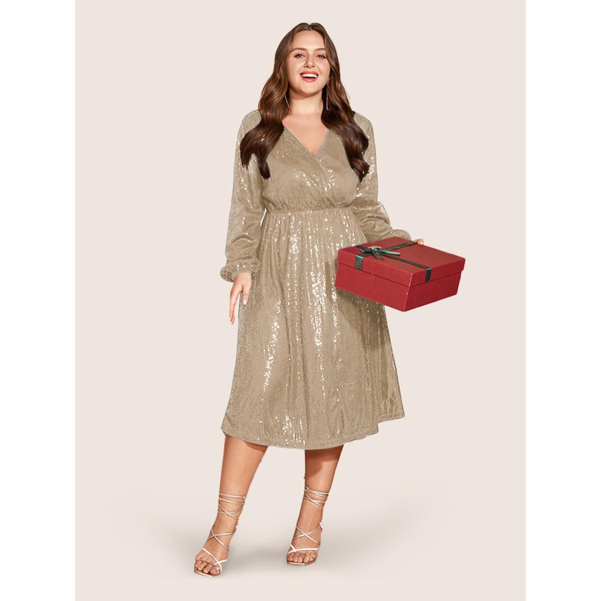 Plus Size Solid Pocket Lantern Sleeve Wrap Sequin Dress Champagne Women Party Pocket Overlap Collar Long Sleeve Curvy Midi Dress BloomChic 12/L Product Image