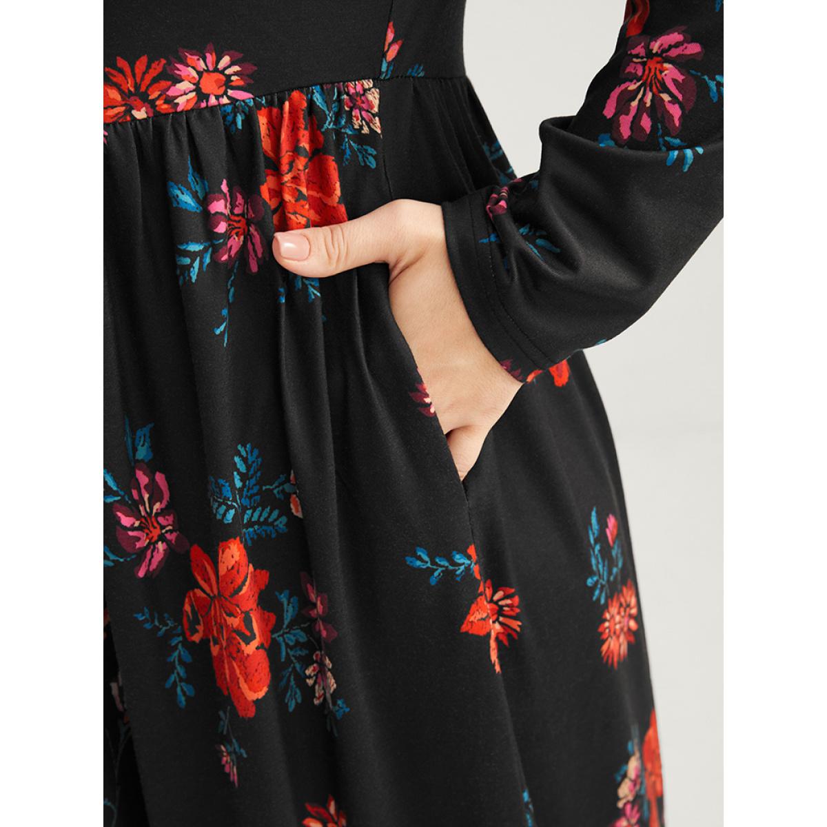 Plus Size Floral Print V Neck Pocket Flutter Hem Dress Without Belt Multicolor Women Elegant Pocket V-neck Long Sleeve Curvy Midi Dress BloomChic 18-20/2X Product Image