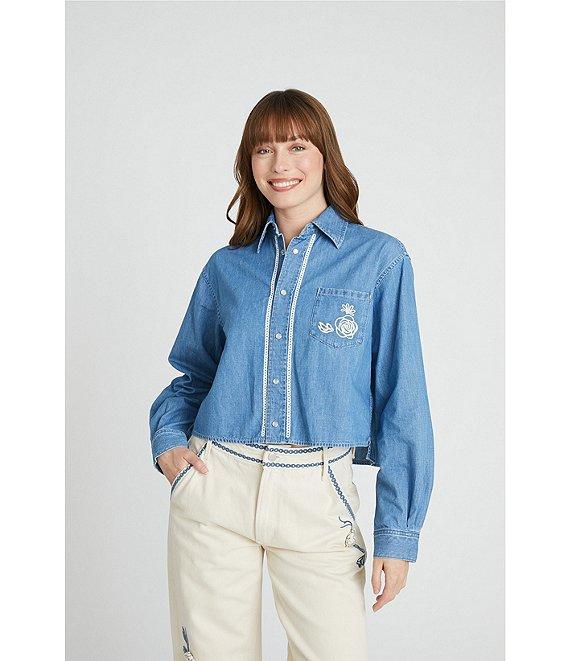 Driftwood Denim Point Collar Long Sleeve Embroidered Floral Applique Shirt Product Image