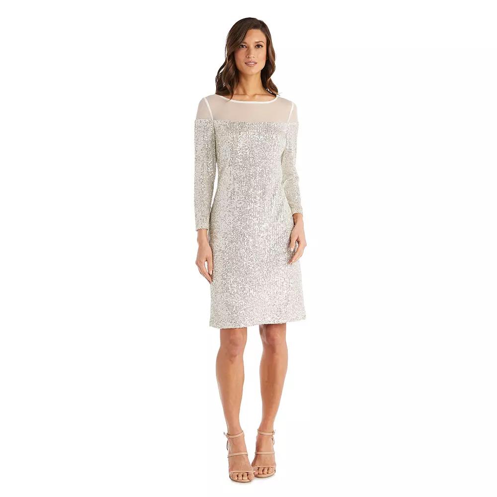 Women's R&M Richards Illusion Bodice Sequin Dress, Size: 14, Beige Product Image