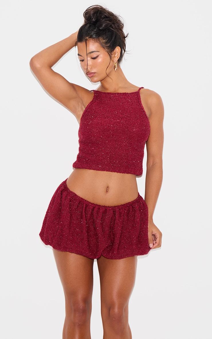 Wine Tinsel Knit Detail Puffball Skirt Product Image