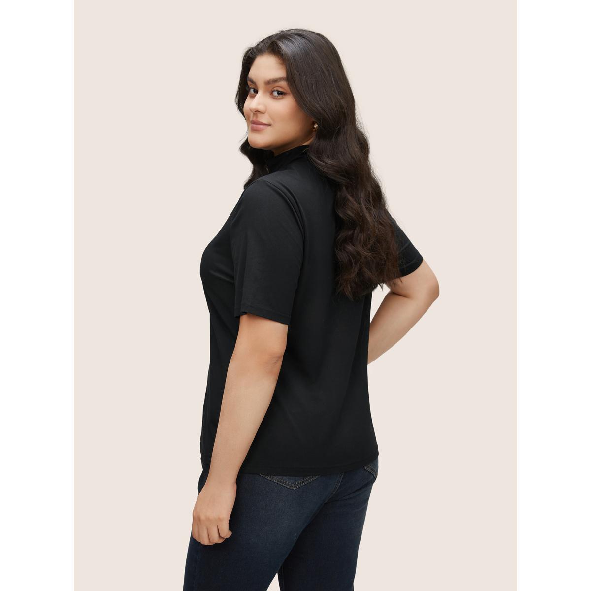 Plus Size Cotton Bodycon Mock Neck T-shirt Black Women Basics Non Plain Mock Neck Everyday T-shirts BloomChic 18-20/2X Product Image