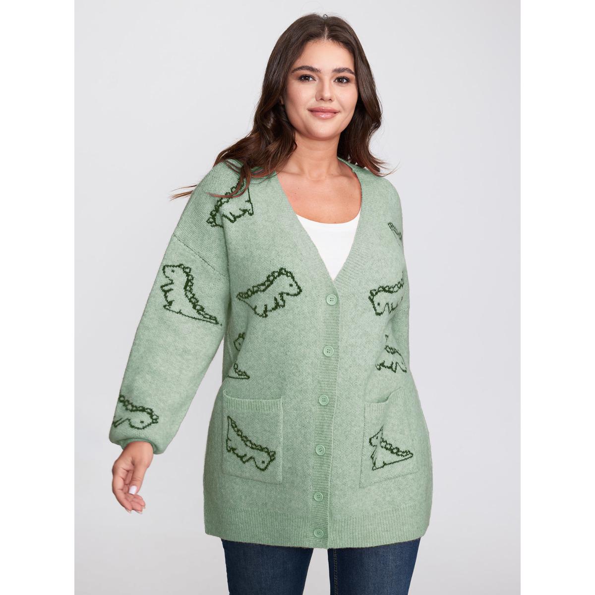 Plus Size Jacquard Dinosaur Print Knit Cardigan Greenbean Women Playful Loose Long Sleeve Casual Cardigans BloomChic 30/6X Product Image