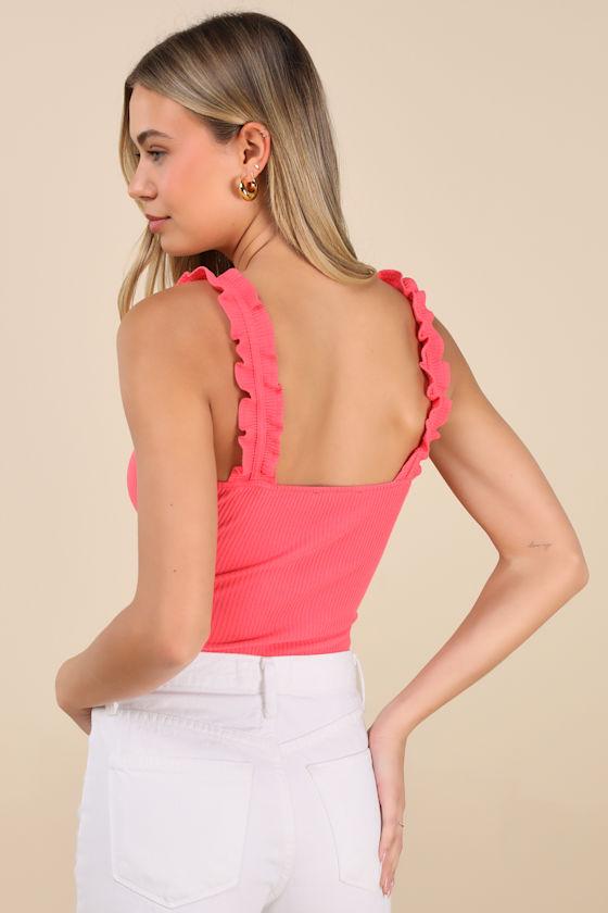 Musing About You Coral Ribbed Ruffle Strap Bodysuit Product Image
