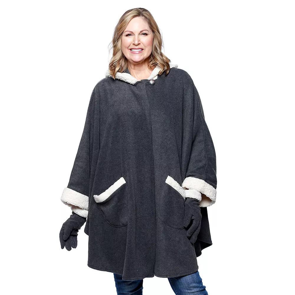 Women's Le Moda Hooded Knit Fleece Wrap with Cream Sherpa Trim & Matching Gloves, Grey Product Image