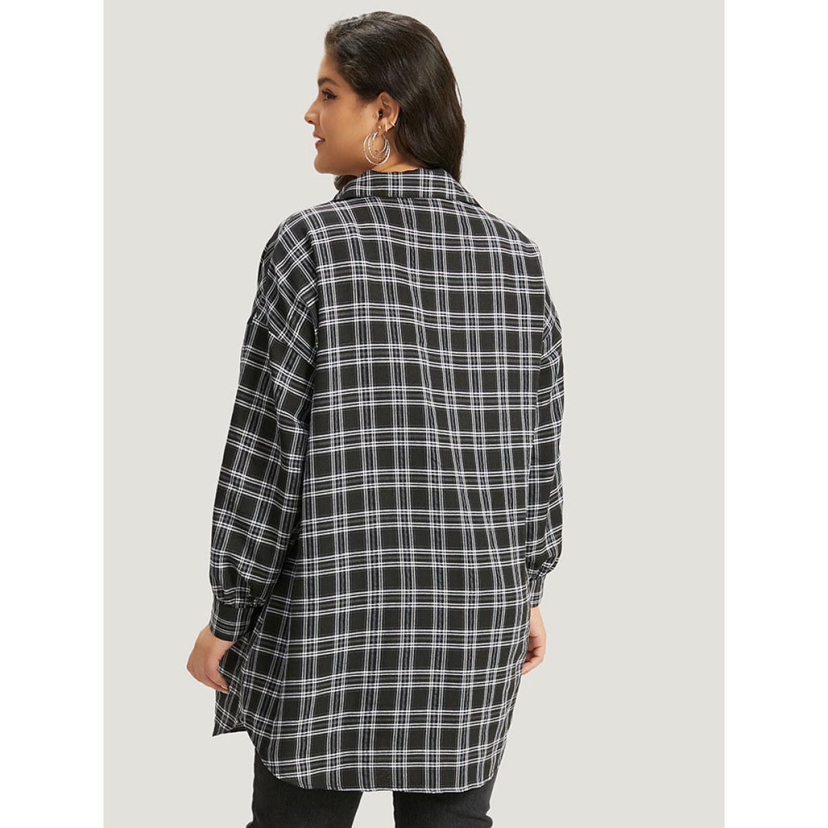 Plus Size Plaid Button Fly Curved Hem Shirt Collar Coat Women Black Casual Arc Hem Ladies Dailywear Winter Coats BloomChic 18-20/2X Product Image