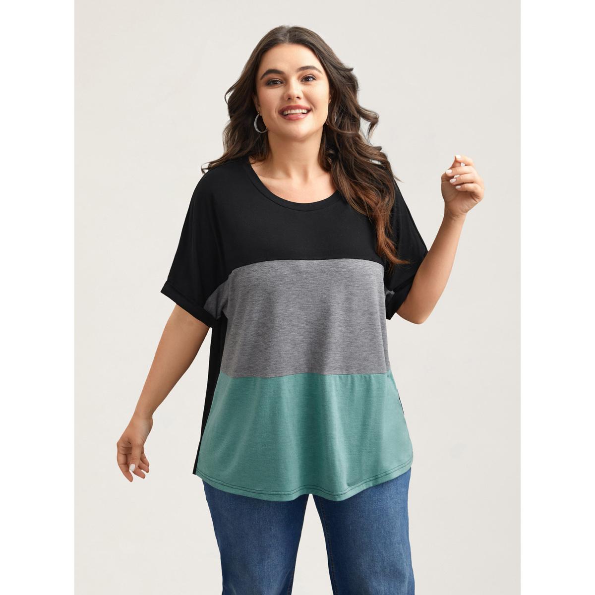 Plus Size Color Block Dolman Sleeve T-Shirt Multicolor Women Leisure Belted Round Neck Casual T-shirts BloomChic 28/5X Product Image