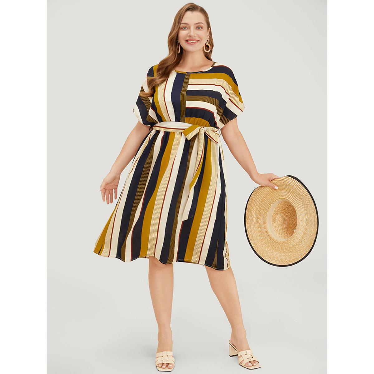 Plus Size Striped Patchwork Belted Ruffles Pocket Dolman Sleeve Dress Multicolor Women Vacation Contrast Round Neck Short sleeve Curvy Knee Dress BloomChic 28/5X Product Image