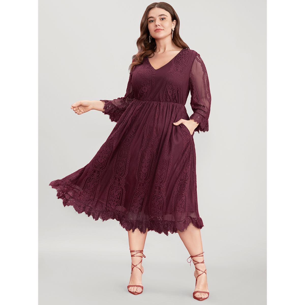 Plus Size Floral V Neck Pocket Contrast Lace Mesh Ruffles Dress Scarlet Women Glamour See through V-neck Elbow-length sleeve Curvy Midi Dress BloomChic 30/6X Product Image
