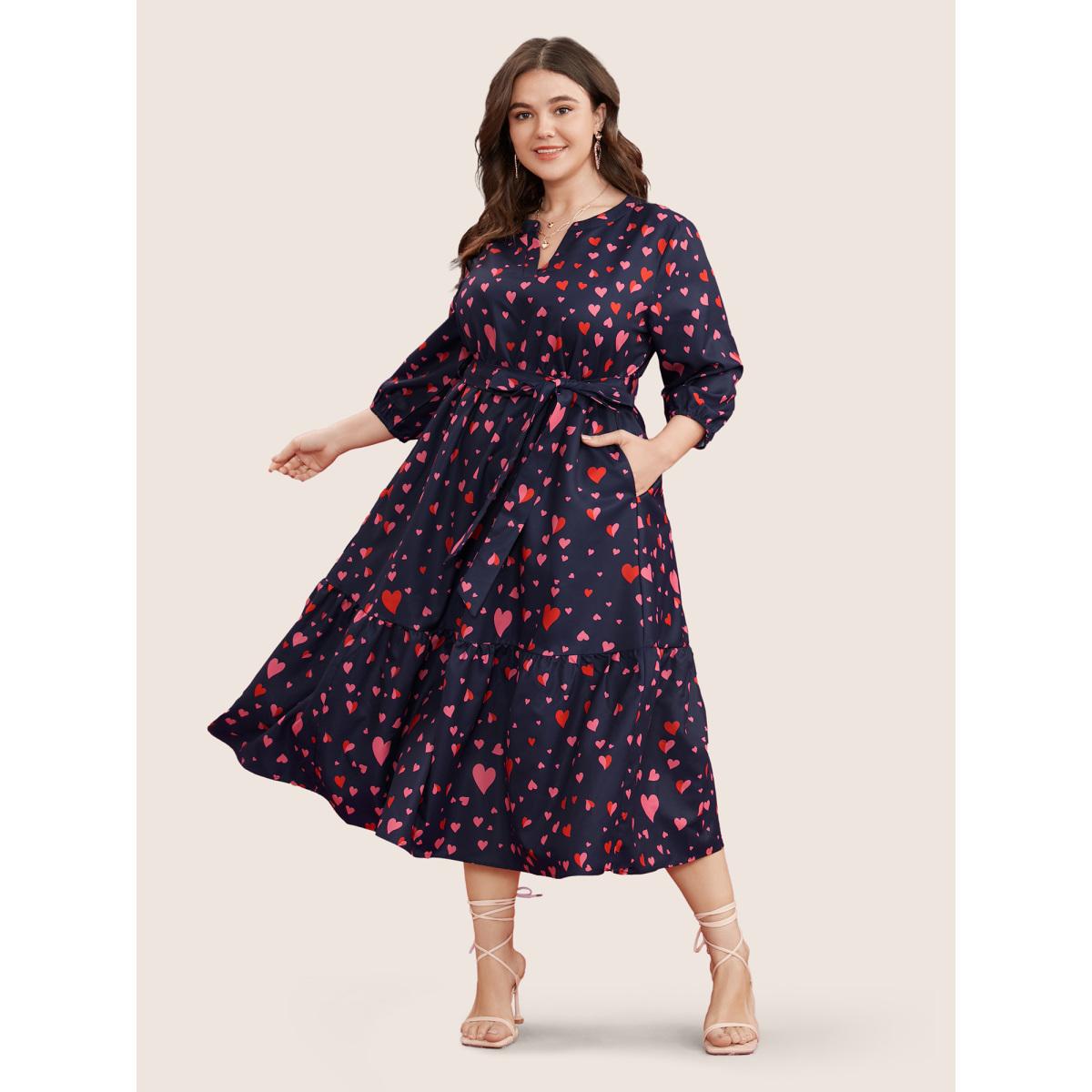 Plus Size Heart Print V Neck Pocket Belted Lantern Sleeve Ruffles Dress Navy Women Elegant Non V-neck Elbow-length sleeve Curvy Midi Dress BloomChic 10/M Product Image