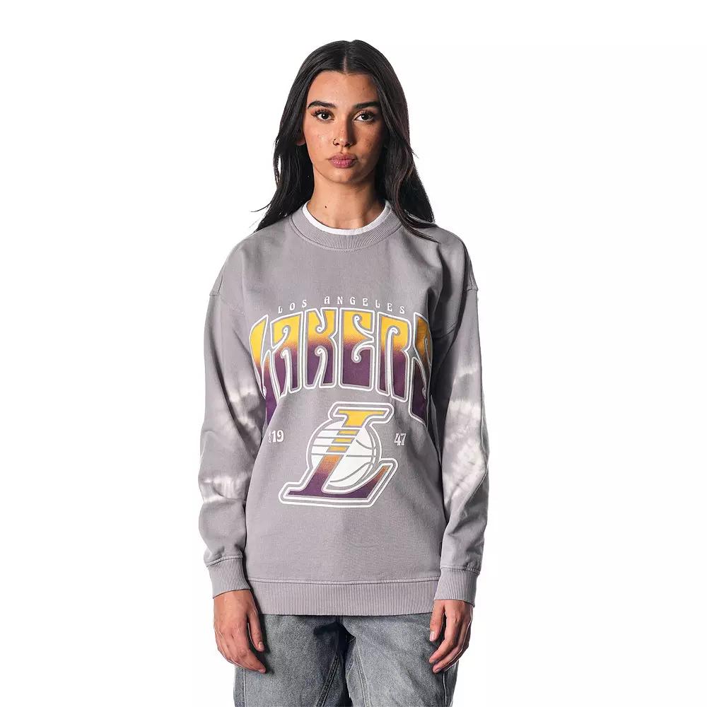 Women's The Wild Collective Heather Gray Los Angeles Lakers Bleached Tie-Dye Pullover Sweatshirt, Size: Large, Grey Product Image