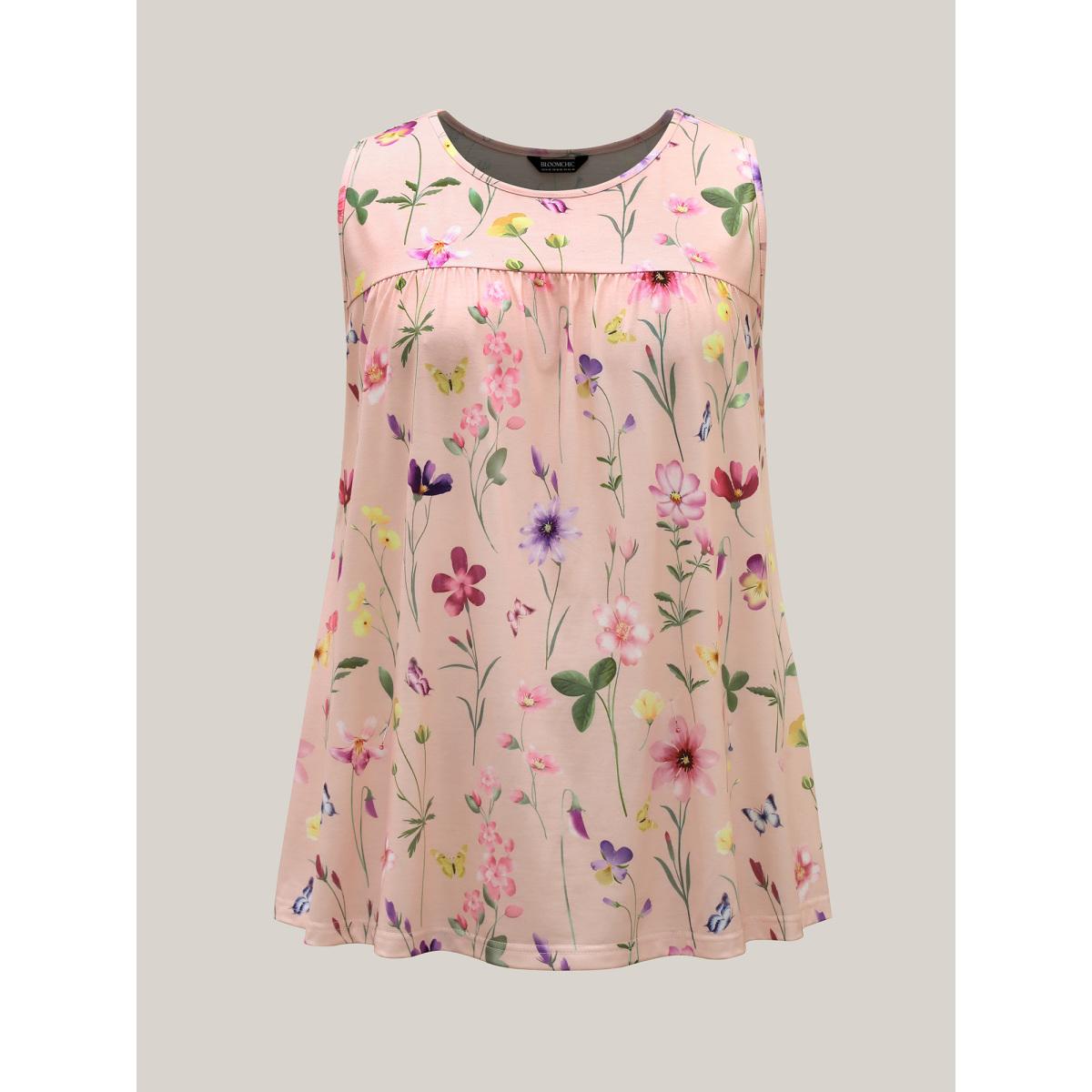Plus Size Floral Print Flowy Pleated Tank Top Women Multicolor Leisure Gathered Round Neck Casual Tank Tops Camis BloomChic 12/L Product Image