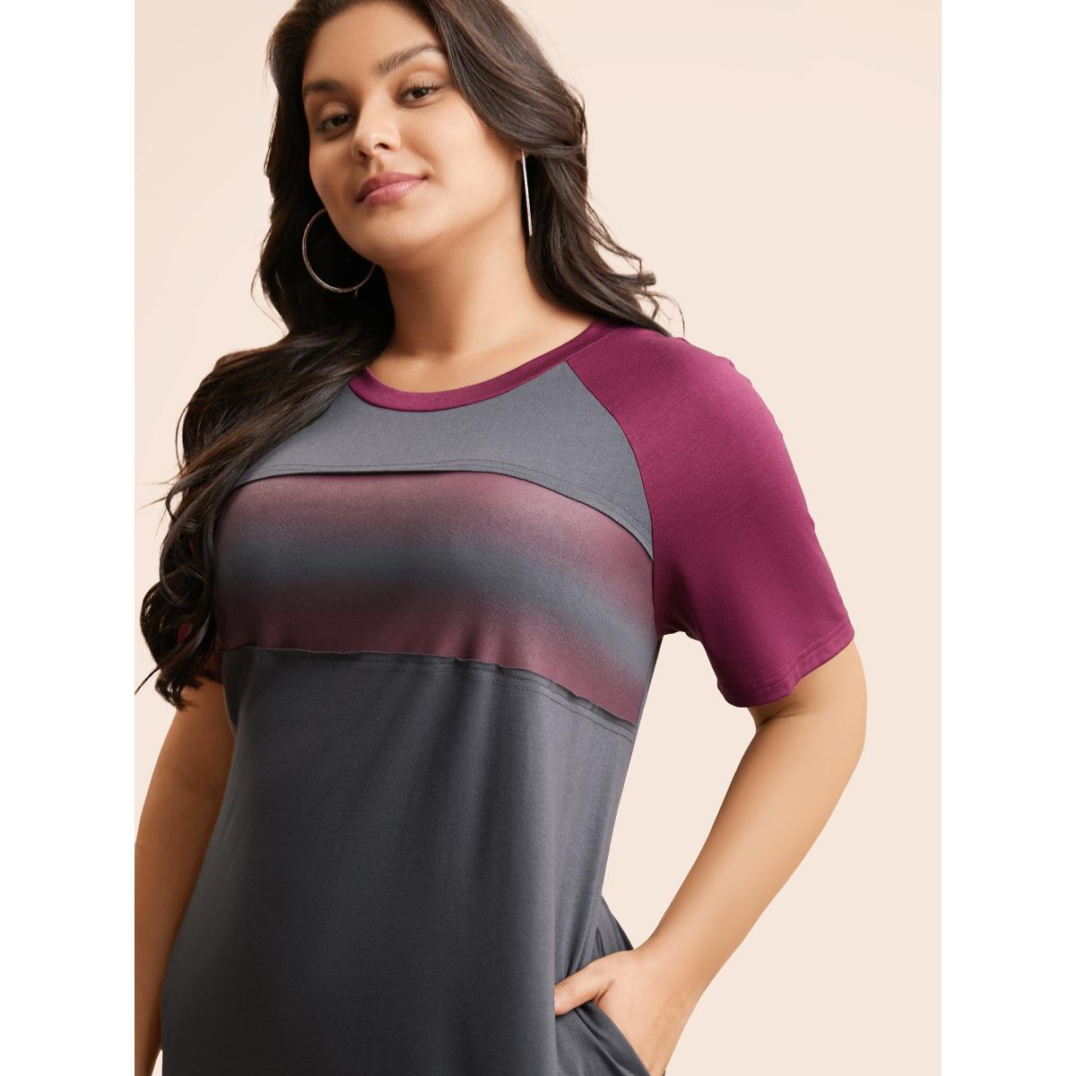 Plus Size Ombre Contrast Patchwork Split Hem Dress DimGray Women Casual Contrast Round Neck Short sleeve Curvy BloomChic 10/M Product Image