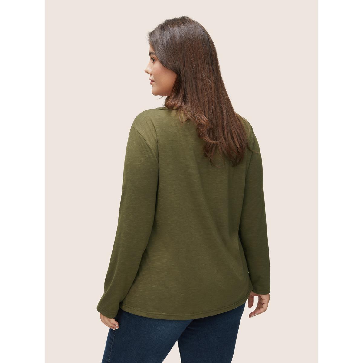 Plus Size Bandana Embroidered Notched Button Detail T-shirt ArmyGreen Women Resort Embroidered Bohemian Print Notched collar Vacation T-shirts BloomChic 26/4X Product Image