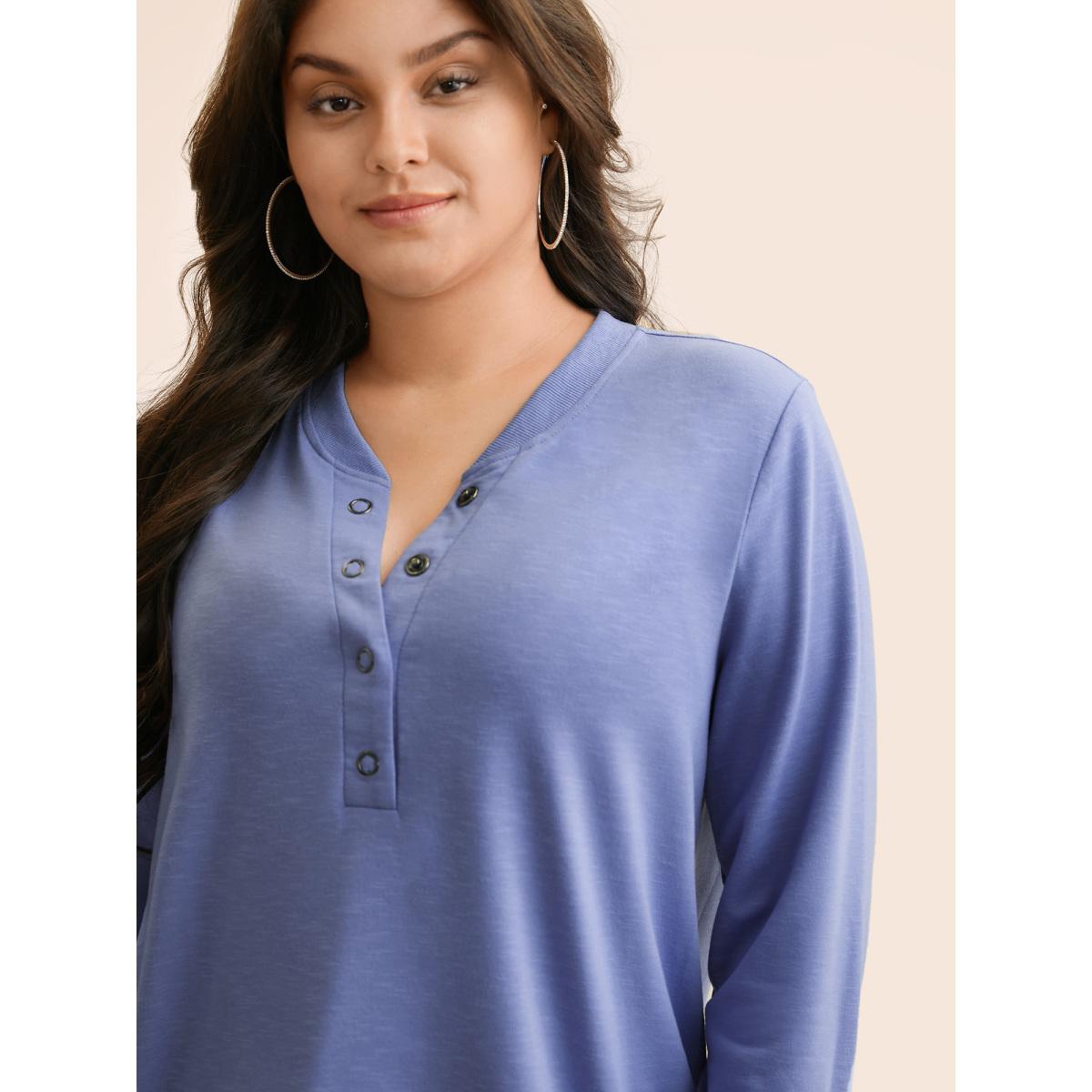 Plus Size Plain Notched Collar Button Up Sweatshirt Women Bluepurple Casual Patchwork Notched collar Everyday Sweatshirts BloomChic 10/M Product Image