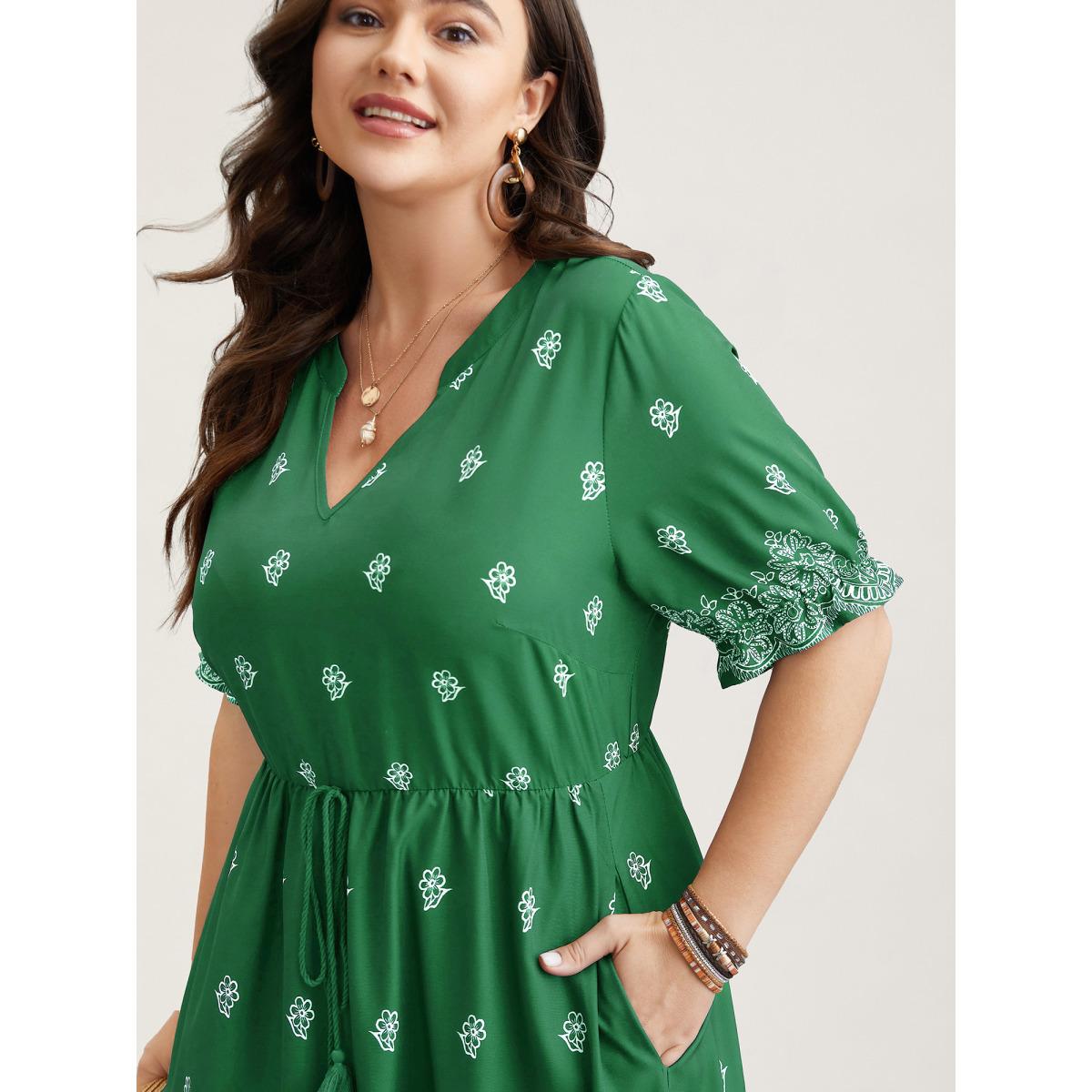 Plus Size Floral Waist-Tie Notched Collar Midi Dress Emerald Women Resort Ruffles Notched collar Half Sleeve Curvy BloomChic 18-20/2X Product Image