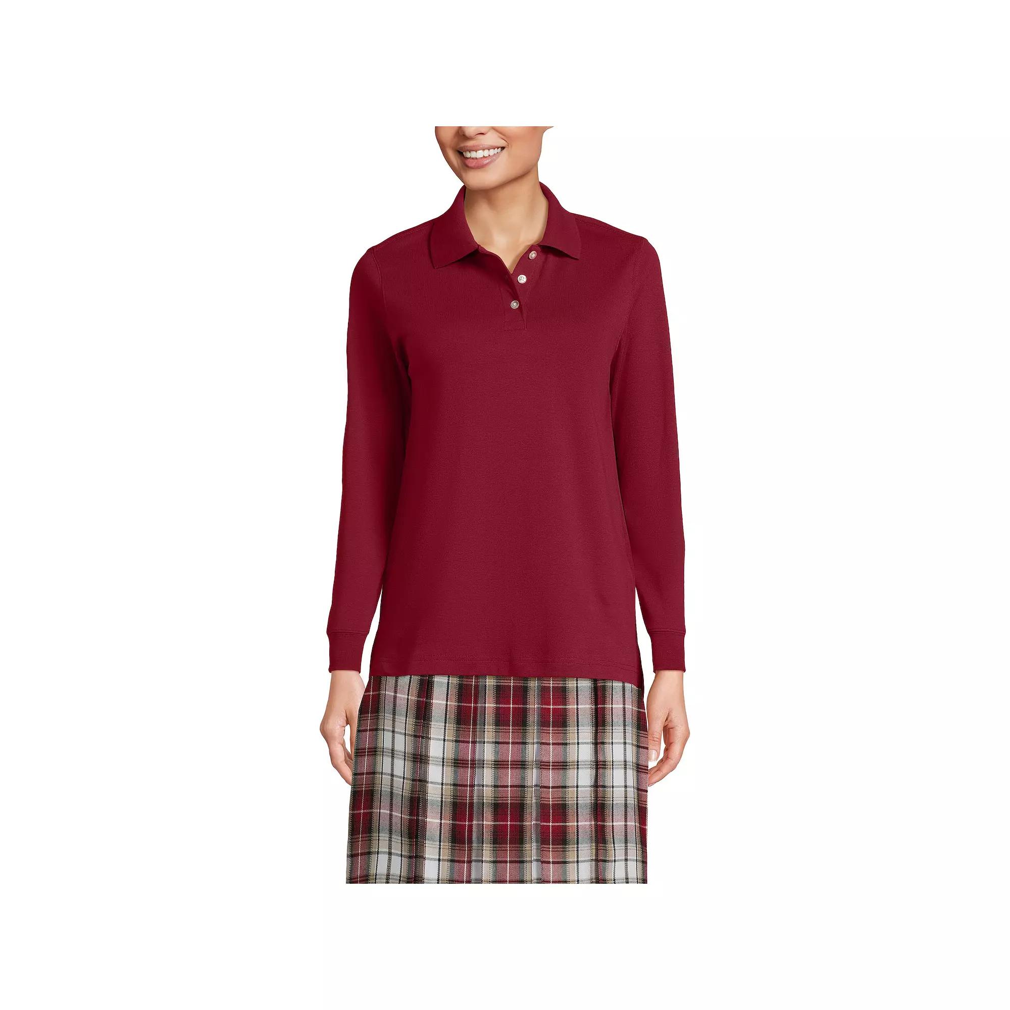 Women's Lands' End School Uniform Long Sleeve 3-Button Interlock Polo Shirt,  Product Image
