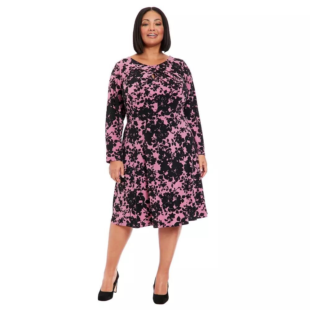 Plus Size London Times Pleated Keyhole Long Sleeve Fit & Flare Dress, Women's, Size: 16 W, Orchid Product Image