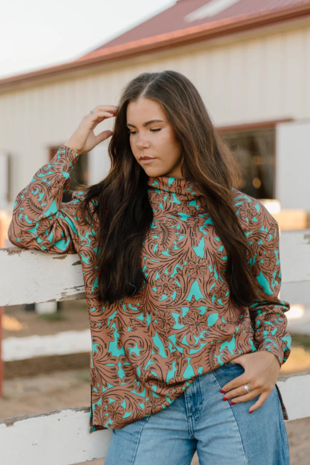 Sterling Kreek Turquoise Tooled Mock Neck Top Product Image