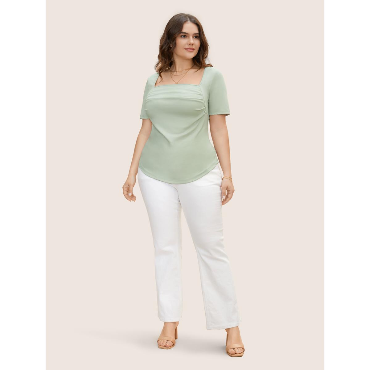 Plus Size Square Neck Curved Hem Pleated T-shirt Palemauve Women Elegant Pleated Square Neck Bodycon Everyday T-shirts BloomChic 28/5X Product Image
