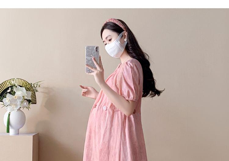 Maternity Short Sleeve Round Neck Beaded Drawstring Waist Maxi A-Line Dress Product Image