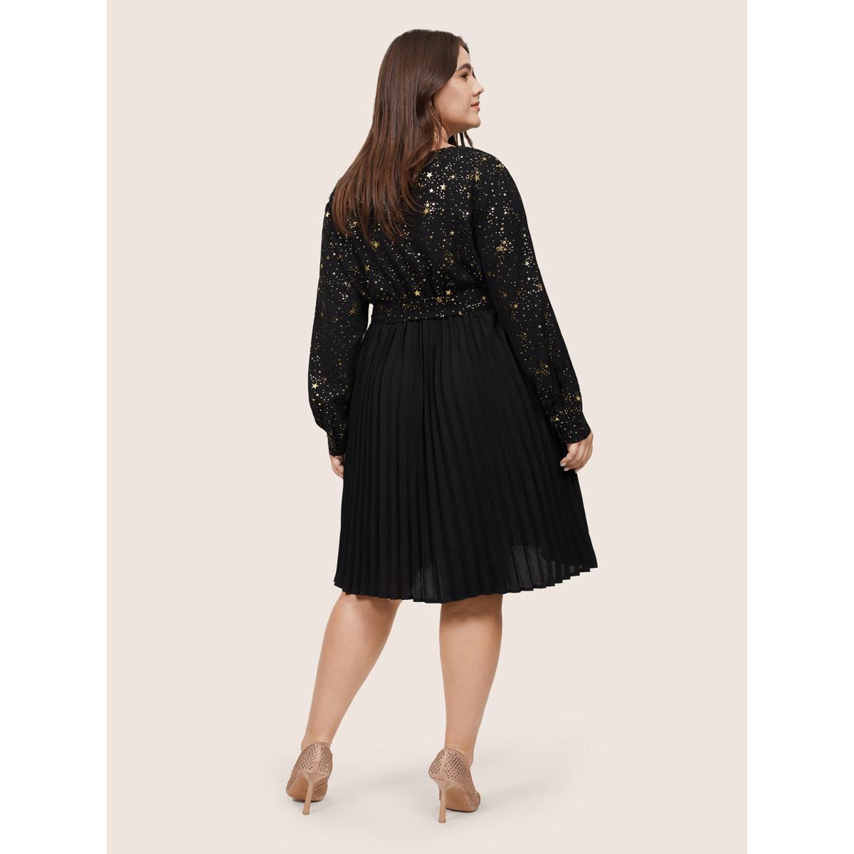Plus Size Star Glitter Belted Pleated Wrap Dress Black Women Cocktail Belted V-neck Long Sleeve Curvy Midi Dress BloomChic 22-24/3X Product Image
