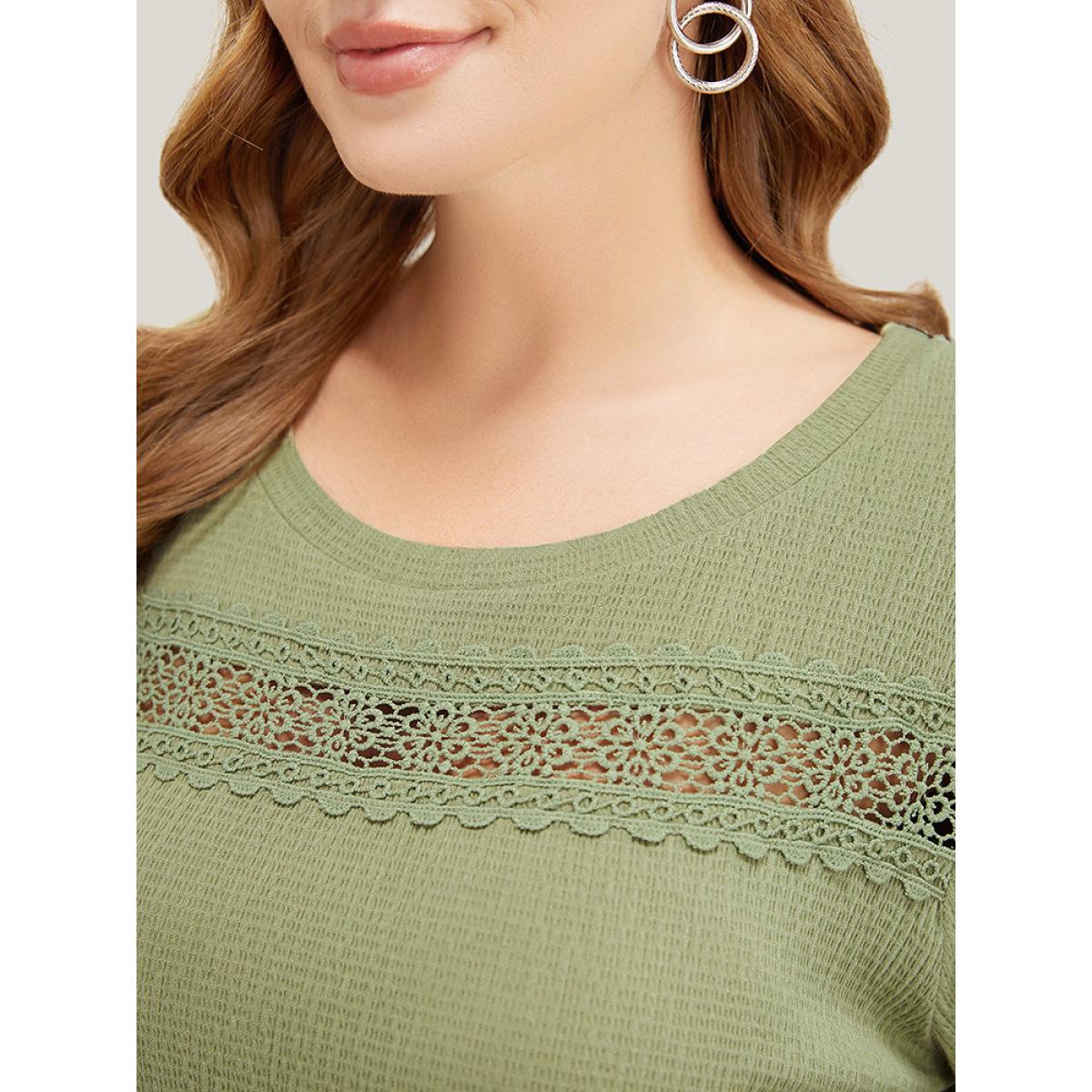Plus Size Plain Textured Contrast Lace Crew Neck T-shirt Sage Women Elegant Plain Round Neck Dailywear T-shirts BloomChic 30/6X Product Image
