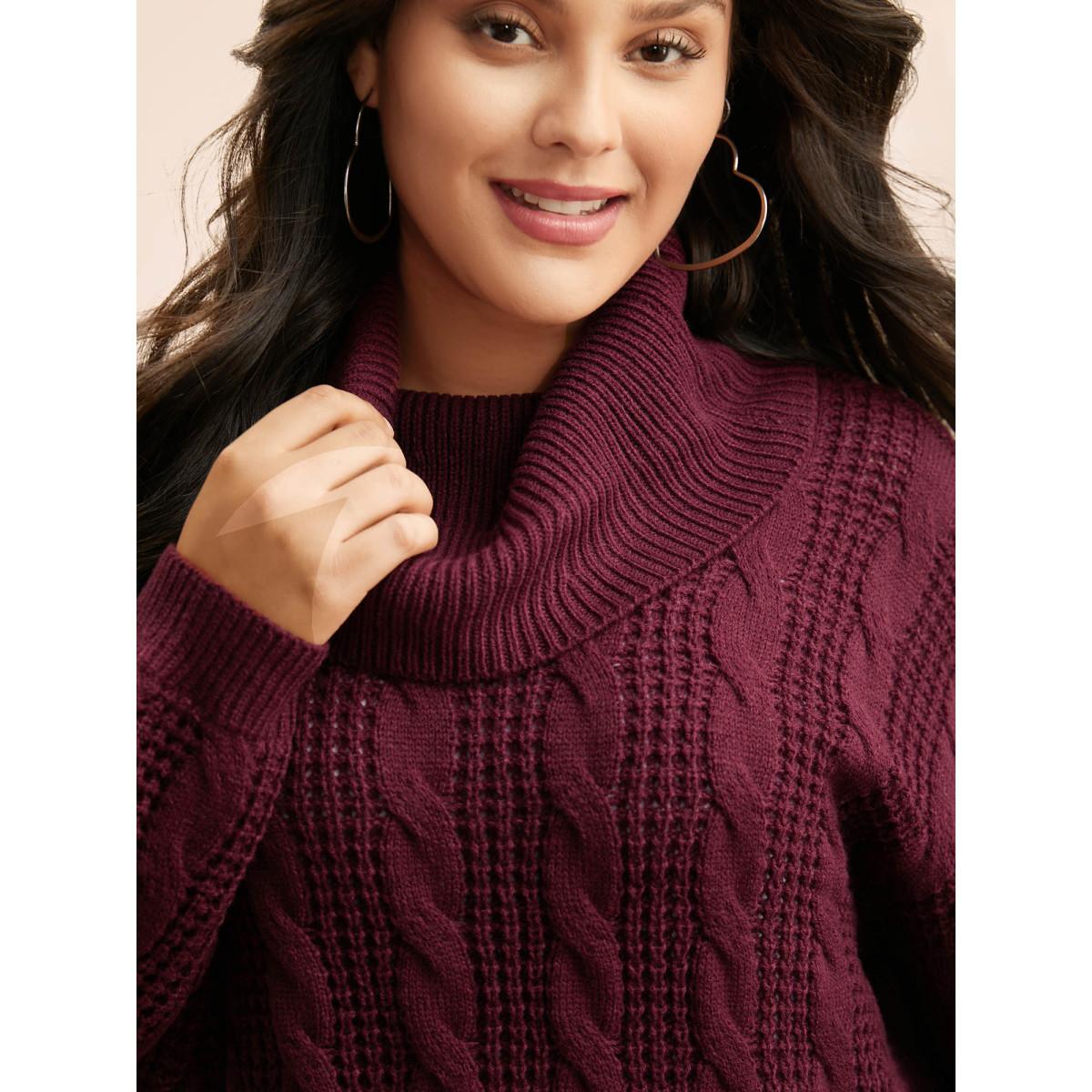 Plus Size Turtleneck Cable Knit Curved Hem Pullover Burgundy Women Leisure Loose Long Sleeve Turtleneck Casual Pullovers BloomChic 28/5X Product Image
