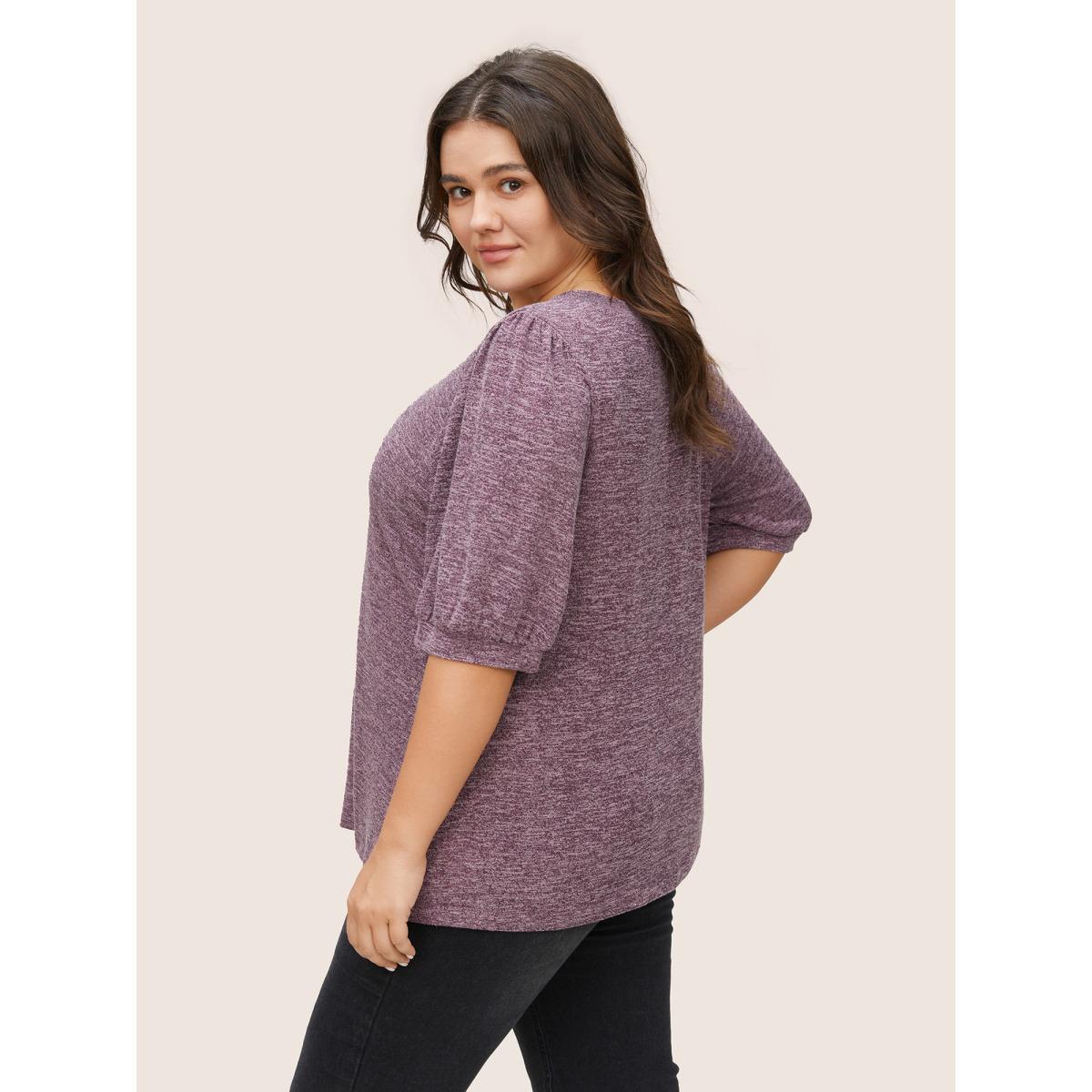 Plus Size Heather Button Detail Puff Sleeve T-shirt Purple Women Casual Gathered Plain V-neck Everyday T-shirts BloomChic 10/M Product Image