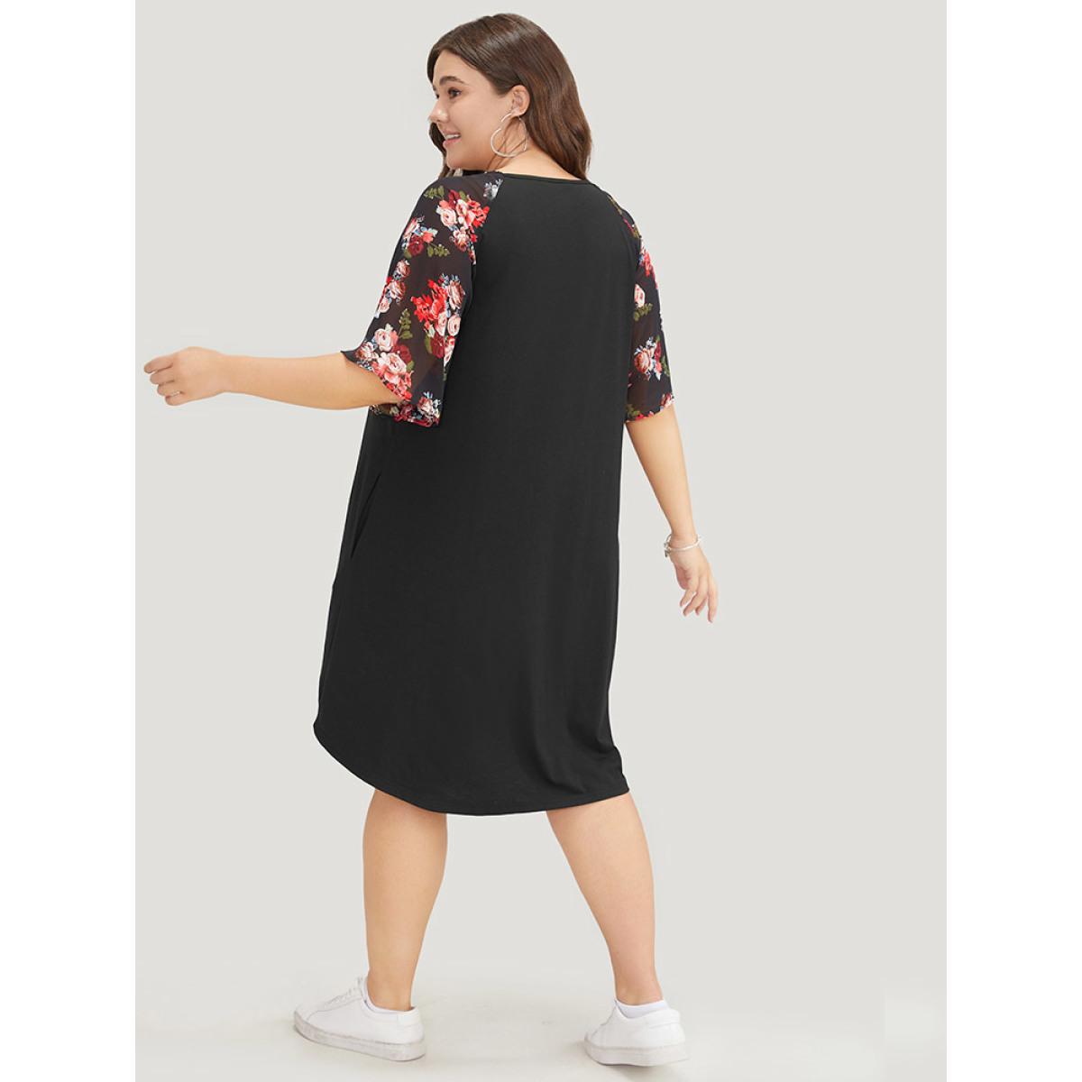 Plus Size Floral Raglan Sleeve Lace Trim Pocket Arc Hem Dress Black Women Casual Non V-neck Short sleeve Curvy Midi Dress BloomChic 14-16/1X Product Image