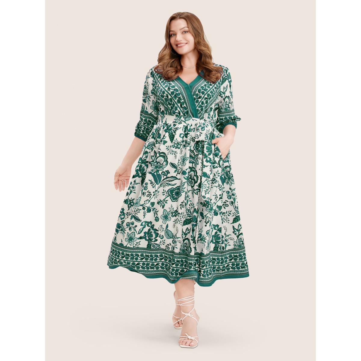 Plus Size Bandana Print Surplice Neck Lantern Sleeve Pocket Belted Midi Dress Green Women Resort Non V-neck Half Sleeve Curvy Midi Dress BloomChic 30/6X Product Image