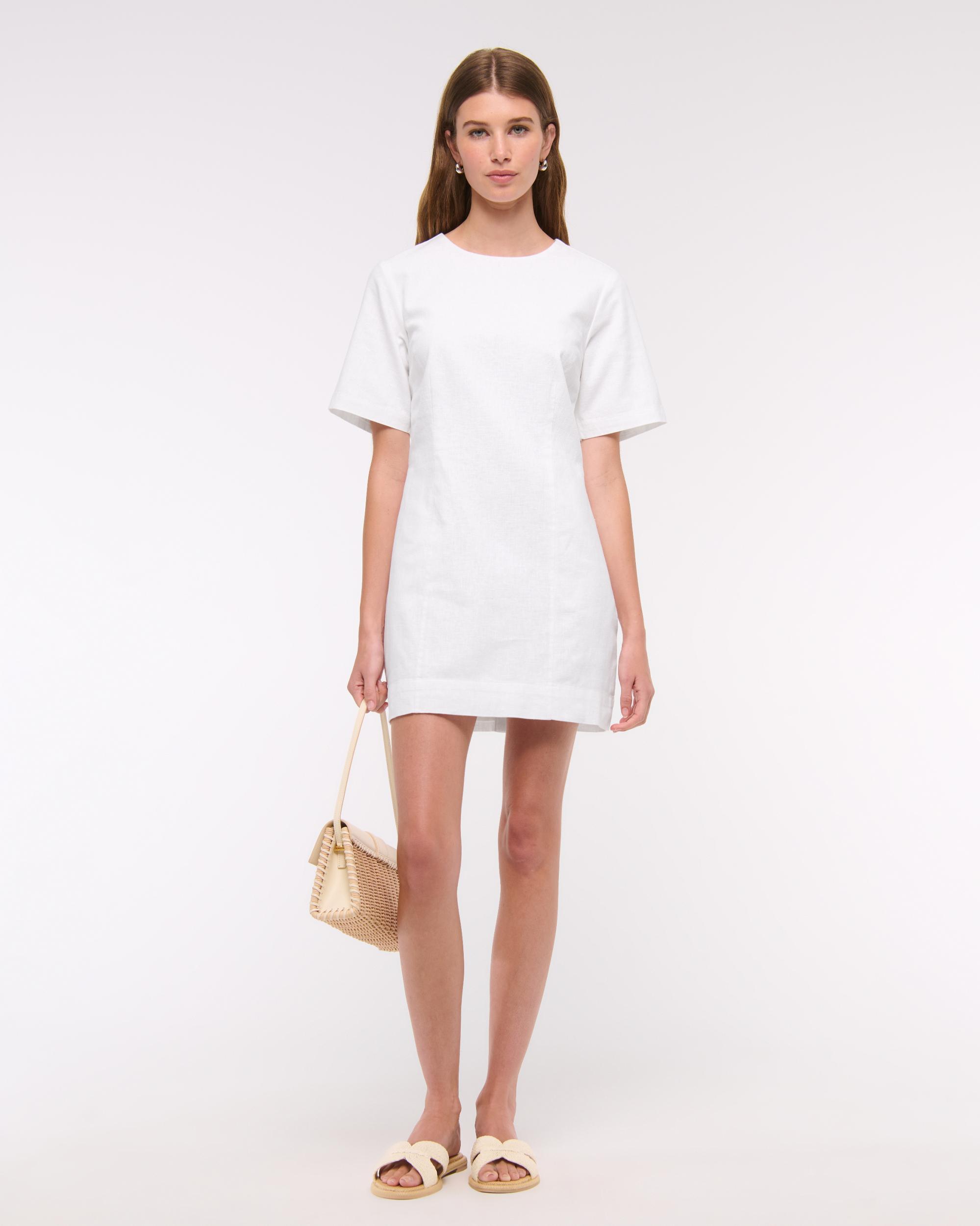 Short-Sleeve Linen-Blend Button Mini Dress Product Image
