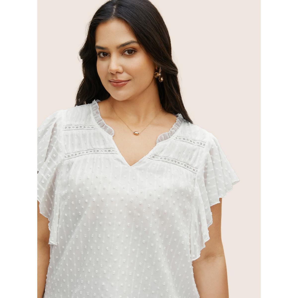 Plus Size Ivory Plain Textured Chiffon Ruffle Cap Sleeve Blouse Women Elegant Cap Sleeve V-neck Everyday Blouses BloomChic 18-20/2X Product Image