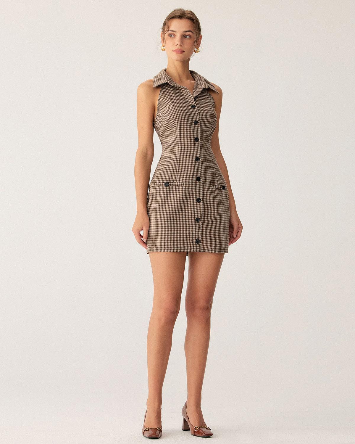 Brown Plaid Button Sleeveless Mini Dress Product Image