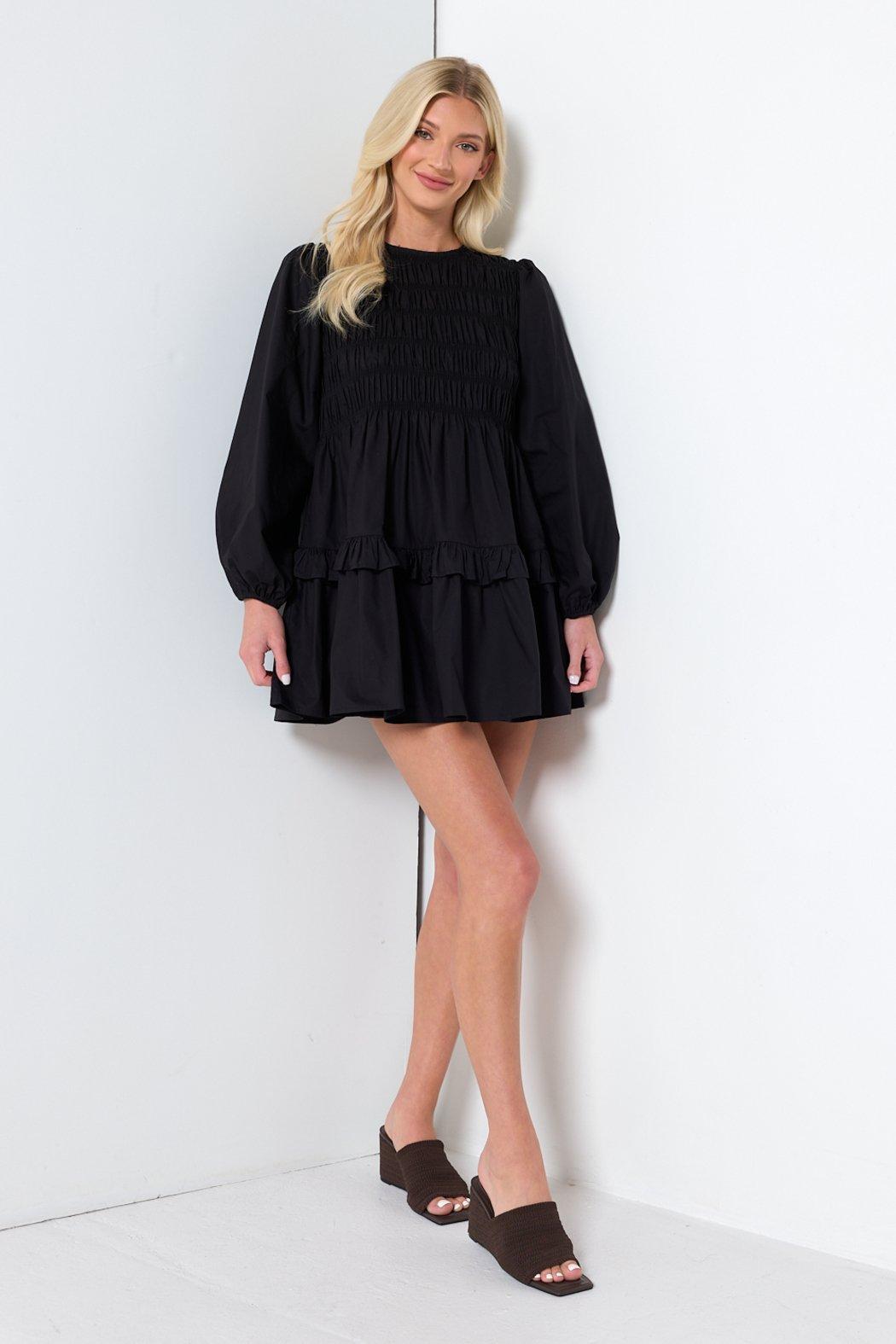 Black Poplin Long Sleeve Smock Dress Product Image