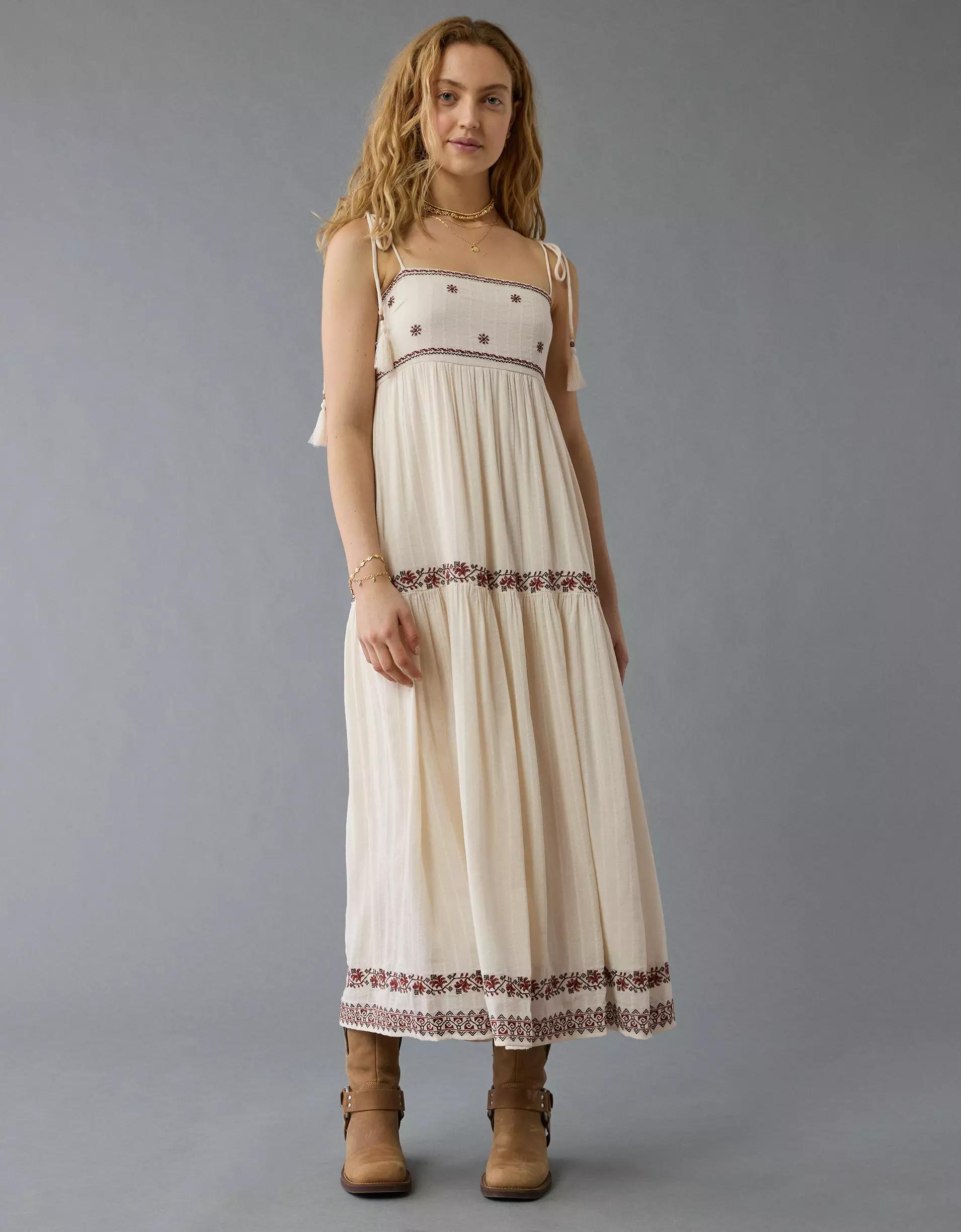 AE Empire Waist Embroidered Midi Dress Product Image