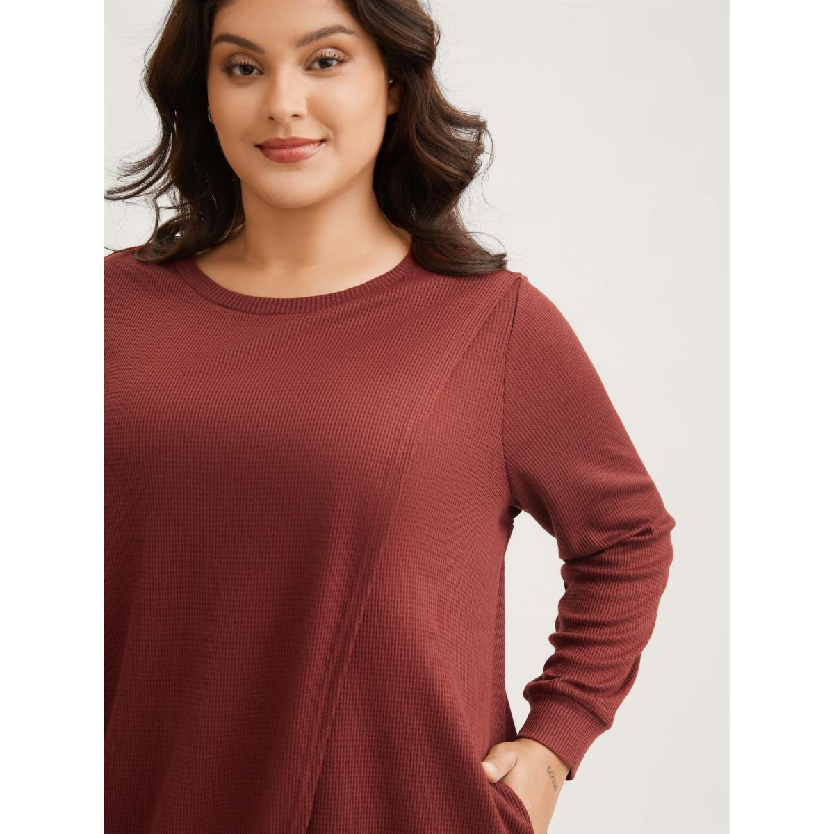 Plus Size Solid Waffle Knit Overlap Hem T-shirt Rust Women Leisure Overlapping Round Neck Casual T-shirts BloomChic 26/4X Product Image